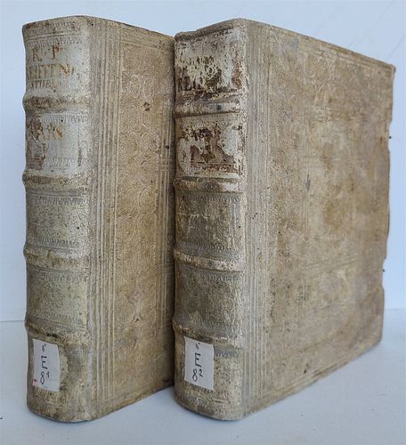 1726 A. REIFFENSTUEL'S THEOLOGIA MORALIS TWO OLD VOLUMES BINDING OF PIGSKIN