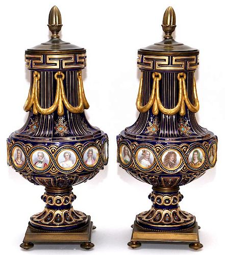 SEVRES PORCELAIN COVERED URNS 19TH CENTURY PAIR