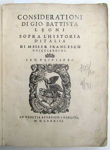 LEONI GIOVANNI BATTISTA'S 1583 ITALIAN HISTORY IS AN OLD 16TH-CENTURY WORK.