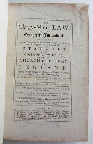WILLIAM WATSON'S 1747 CLERGY-MANS LAW ANCIENT IN ENGLISH FOLIO