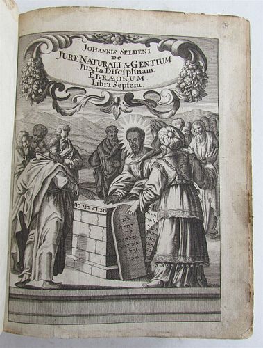 ANTIQUE JUDAICA VELLUM BINDING, ILLUSTRATED IN DE JURE NATURALI ET GENTIUM (1695).
