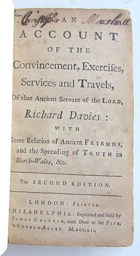 RICHARD DAVIES' 1752 "AN ACCOUNT OF EXERCISES, SERVICES, AND TRAVELS" VINTAGE AMERICAN