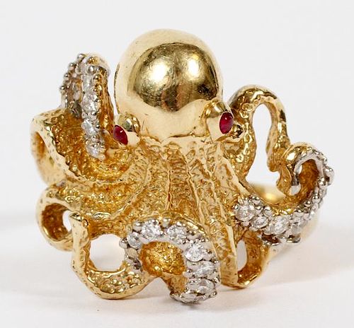14KT YELLOW GOLD AND DIAMOND OCTOPUS FORM RING