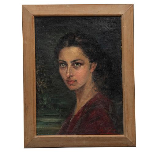 PILAR CALVO, Retrato femenino, Firmado, Óleo sobre yute, 50 x 36 cm