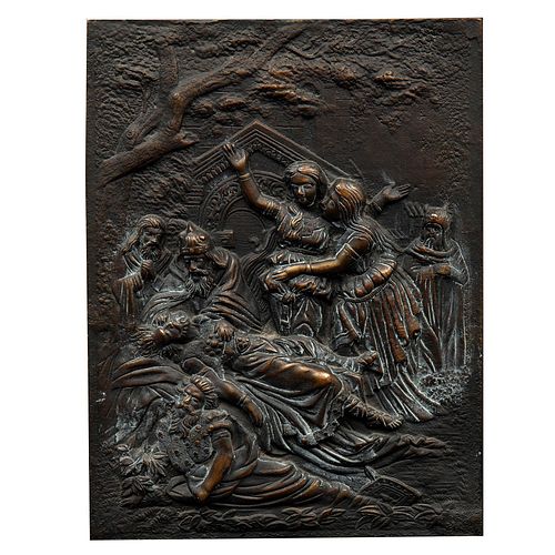KRIMILDA ANTE EL CUERPO DE SIGFRIDO. MÉXICO, CA 1900. Relieve en bronce, marcado LASCURAIN E PORTILLA MEXICO. 25.5 x 19.5 cm.