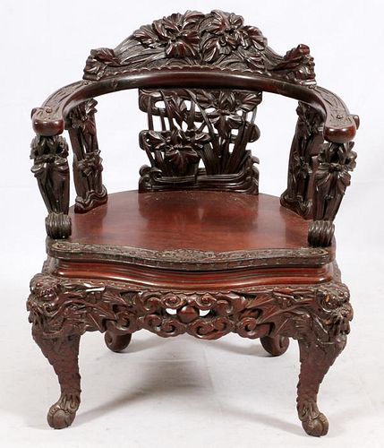 CHINESE CARVED WOOD ARM CHAIR LATE 19TH C.