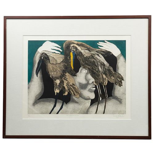 JAVIER ARÉVALO, Los pájaros pintos, Firmado y fechado Mex 1992, Grabado al aguatinta P / A, 56 x 74 cm imagen / 64 x 82 cm papel