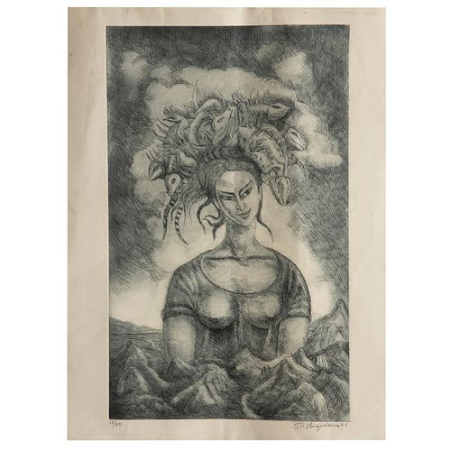 RAÚL ANGUIANO, Mujer con iguanas, Firmado y fechado 86, Grabado al aguafuerte 10 / 50, 68 x 42 cm imagen / 77 x 57 cm papel
