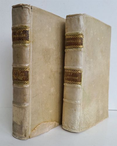 1754 THEOPHRASTE'S 2 VOLUME ANTIQUE GREEK-TO-FRENCH VELLUM CHARACTERS