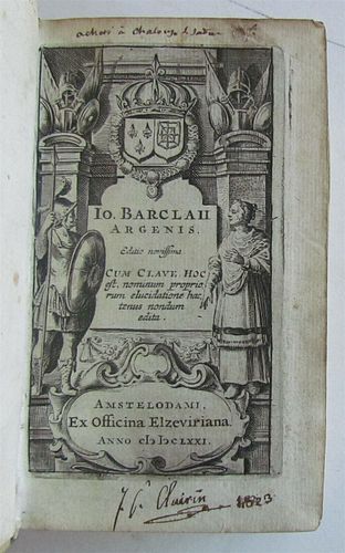JOHN BARCLAY'S ARGENIS, PUBLISHED IN 1671, IS BOUND IN AN ANTIQUE SCOTLAND ELZEVIER PRESS.