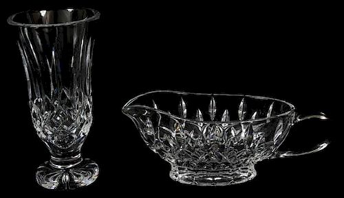 WATERFORD 'LISMORE' CRYSTAL VASE AND SAUCE BOAT