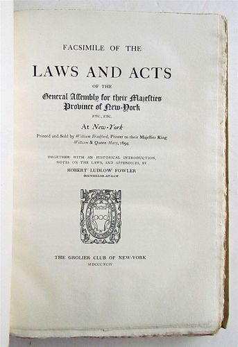 ANTIQUE VELLUM FROM 1894, FACSIMILE OF LAWS AND ACTS OF THE GENERAL ASSEMBLY OF NEW YORK