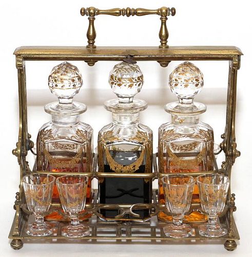 BRASS AND CUT CRYSTAL TANTALUS SET