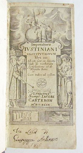 THE THIRD ANTIQUE VOLUME OF IMPERATORIS JUSTINIANI INSTITUTIONUM (1649)