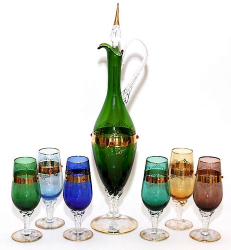 BOHEMIAN STYLE COLORED GLASS DECANTER AND GOBLETS