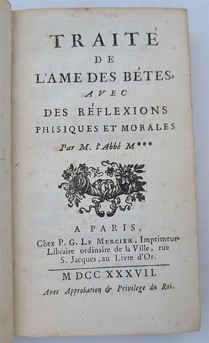 1737 ANCIENT FRENCH TREATISE ON THE SOUL OF ANIMALS WITH PHYSICAL AND MORAL REFLECTIONS