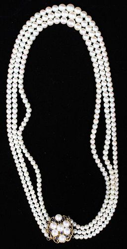 THREE STRAND PEARL AND SAPPHIRE NECKLACE