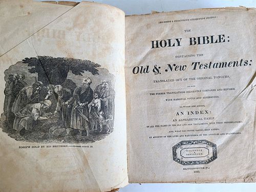 1825 ENGLISH BIBLE WITH ILLUSTRATIONS OF VINTAGE AMERICANA BATTLEBORO