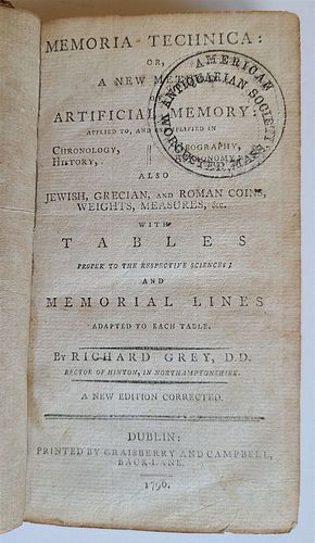 MEMORIA TECHNICA, OR, AN INNOVATIVE APPROACH TO MANUFACTURED MEMORY, 1796 WRITTEN BY R. GREY