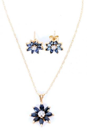 GOLD SAPPHIRE & DIAMOND CHIP EARRINGS & NECKLACE