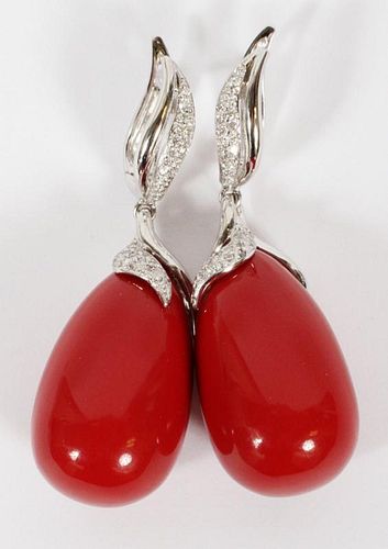 .40CT DIAMOND AND LAB CORAL DROP EARRINGS PAIR