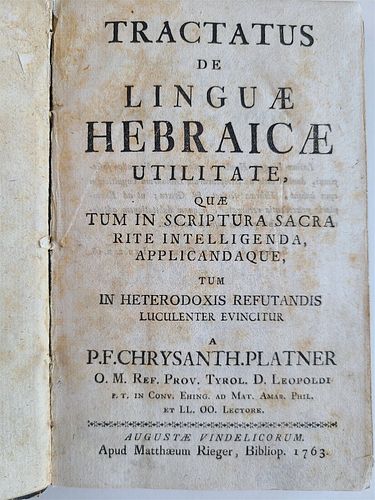 R.F.C. PLATNER JUDAICA, "HEBREW LANGUAGE TEACHING IN LATIN ANTIQUITY," 1763