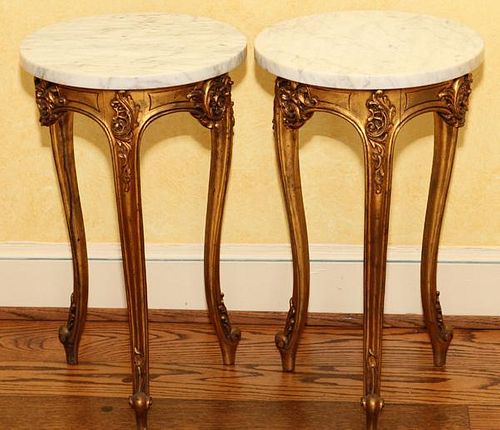 LOUIS XV STYLE MARBLE TOP END TABLES PAIR