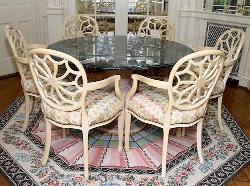 SHERRILL MARBLE TOP PEDESTAL TABLE AND CHAIRS