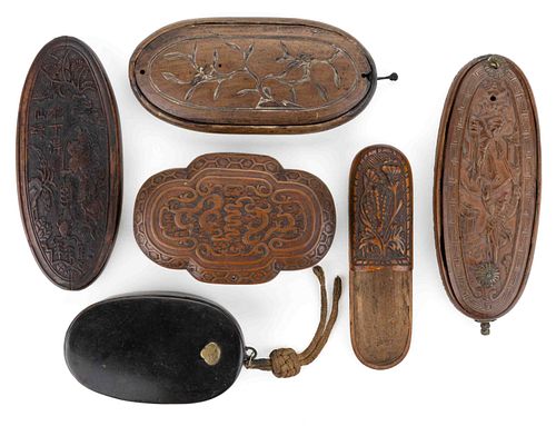 ASSORTED CHINESE CARVED BOXWOOD SPECTACLES CASES, LOT OF SIX