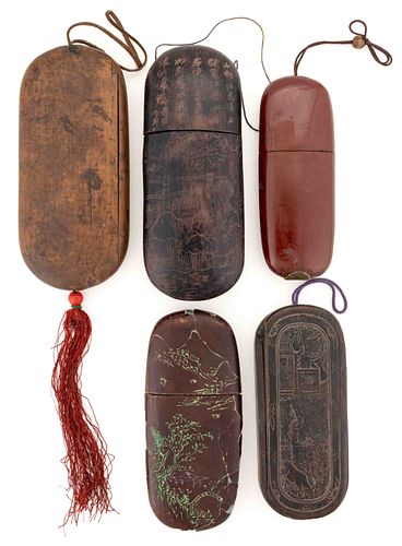 ASSORTED CHINESE CARVED / DECORATED SPECTACLES CASES, LOT OF FIVE