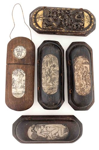  ASSORTED CHINESE ENGRAVED / CARVED SPECTACLES CASES, LOT OF FIVE
