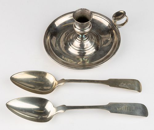 AMERICAN COIN SILVER TABLESPOONS AND FRENCH SILVER-PLATED CHAMBERSTICK, LOT OF THREE