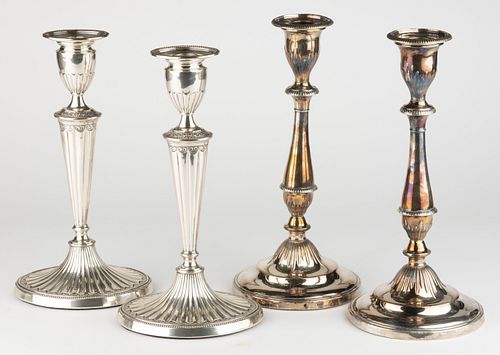 ENGLISH NEOCLASSICAL-STYLE OLD SHEFFIELD PLATE / SILVER-PLATED CANDLESTICKS, TWO PAIRS