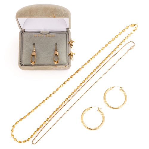 VINTAGE / CONTEMPORARY 10K AND 14K YELLOW GOLD NECKLACE CHAINS AND EARRINGS, LOT OF EIGHT PIECES
