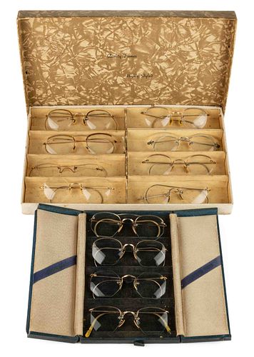 GOLD FRAME SPECTACLES IN DISPLAY CASES / SALESROOM SETS, LOT OF TWO