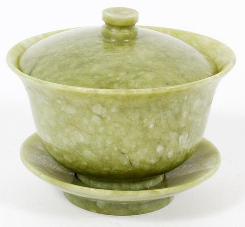 CHINESE CARVED JADE RICE BOWL COVER & UNDERPLATE
