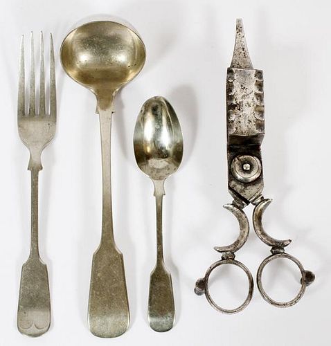 COLONIAL AMERICAN PEWTER SERVING PIECES AND SNUFFER