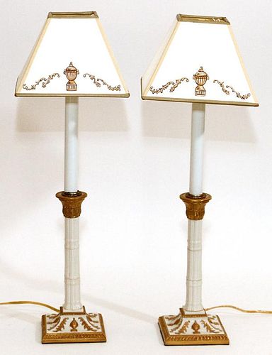 PORCELAIN CANDLESTICKS MOUNTED AS LAMPS PAIR