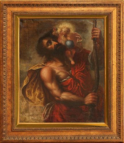 FRAMED OIL PAINTING ST. CHRISTOPHER AND CHRIST