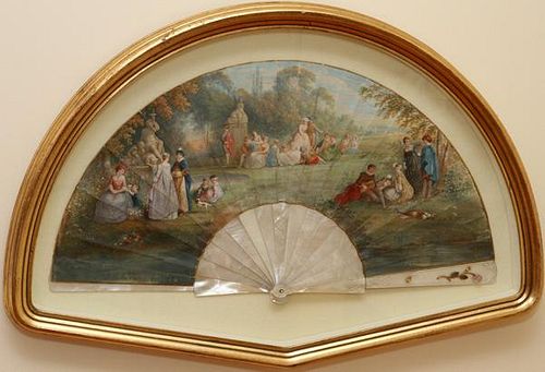 FRENCH GILT AND MOTHER-OF-PEARL PAPER FAN FRAMED