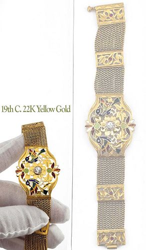 19th C. 22K Yellow Gold Arabian Colored Enamel Bracelet 0.70 Carats Round Brilliant G/H SI2
