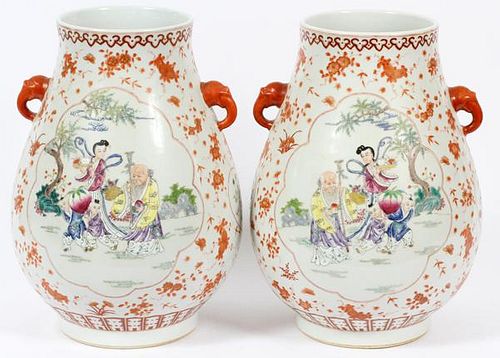 CHINESE HAND PAINTED CRIMSON FLORAL PORCELAIN VASES