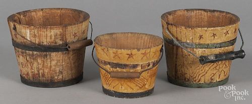Three painted child's pails, 19th c., inscribed Good Girl and Good Boy, 4 1/2'' h. and 3 1/2'' h.