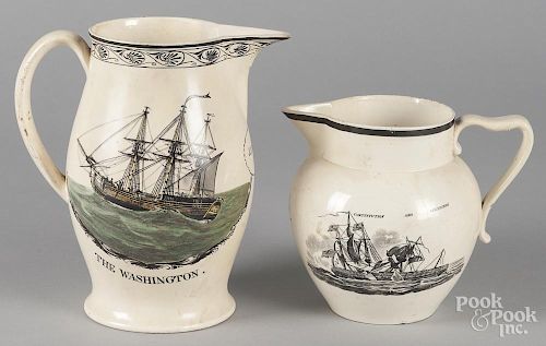 Liverpool Herculaneum pitcher, 19th c., with transfer decoration of the ship Washington, 9 1/2'' h.,