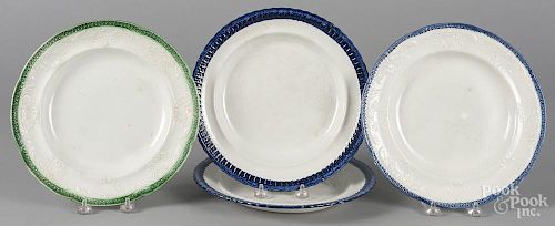Four Staffordshire plates with green and blue borders, 10'' dia.