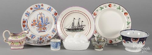 Group of ceramics, to include a Victoria and Albert Yacht creamware plate, a Boston childs cup, etc.