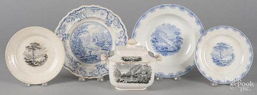 Five pieces of Historical Staffordshire, to include Undercliff sugar, two Shenandoah Valley plates,