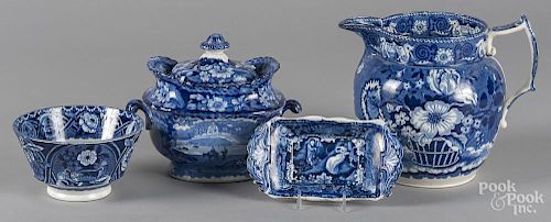 Four pieces of blue Staffordshire, tallest - 7''.