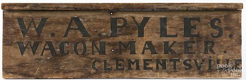 Painted trade sign for W.A. Pyles Wagon Maker Clementsville, 9 1/4'' x 30''.