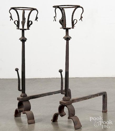 Pair of wrought iron andirons, early 20th c., in the manner of Yellin, 30 1/4'' h.
